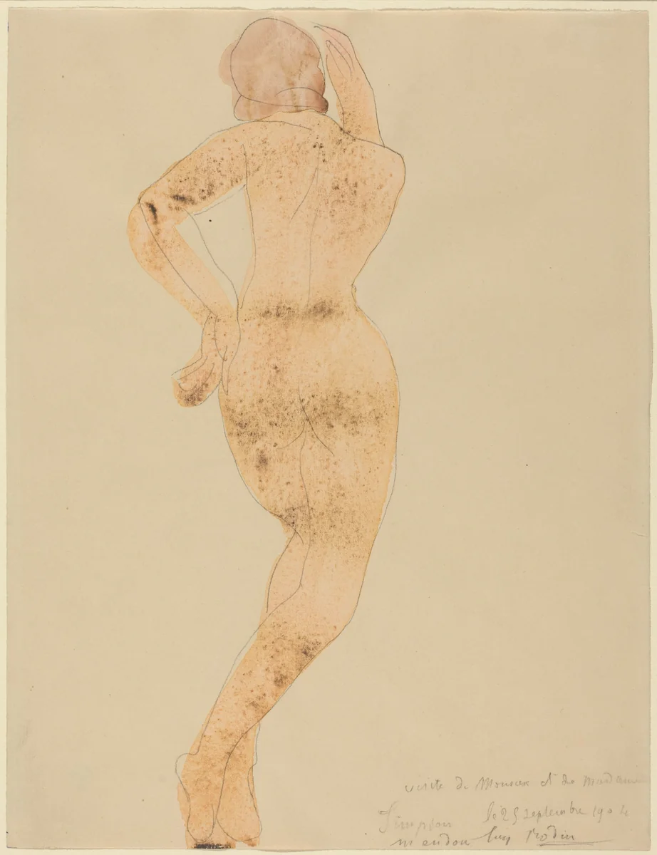 Rear View of Female Figure in Action by Auguste Rodin, drawing, 1904