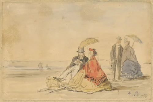 A Couple Seated and a Couple Walking on the Beach by Eugène Boudin, drawing, 1865