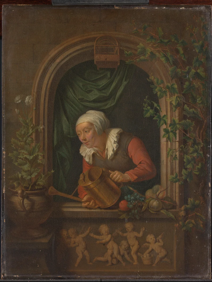 Woman Watering a Plant by Louis de Moni, painting, 1720-1771