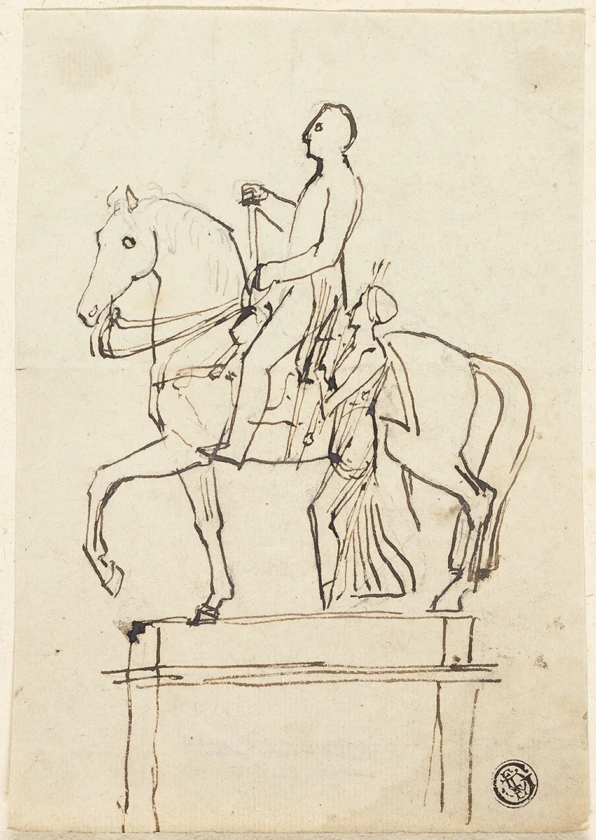 Sculpture of a Horseman Accompanied by Standing Woman by Thomas Stothard, drawing, 1775-1834
