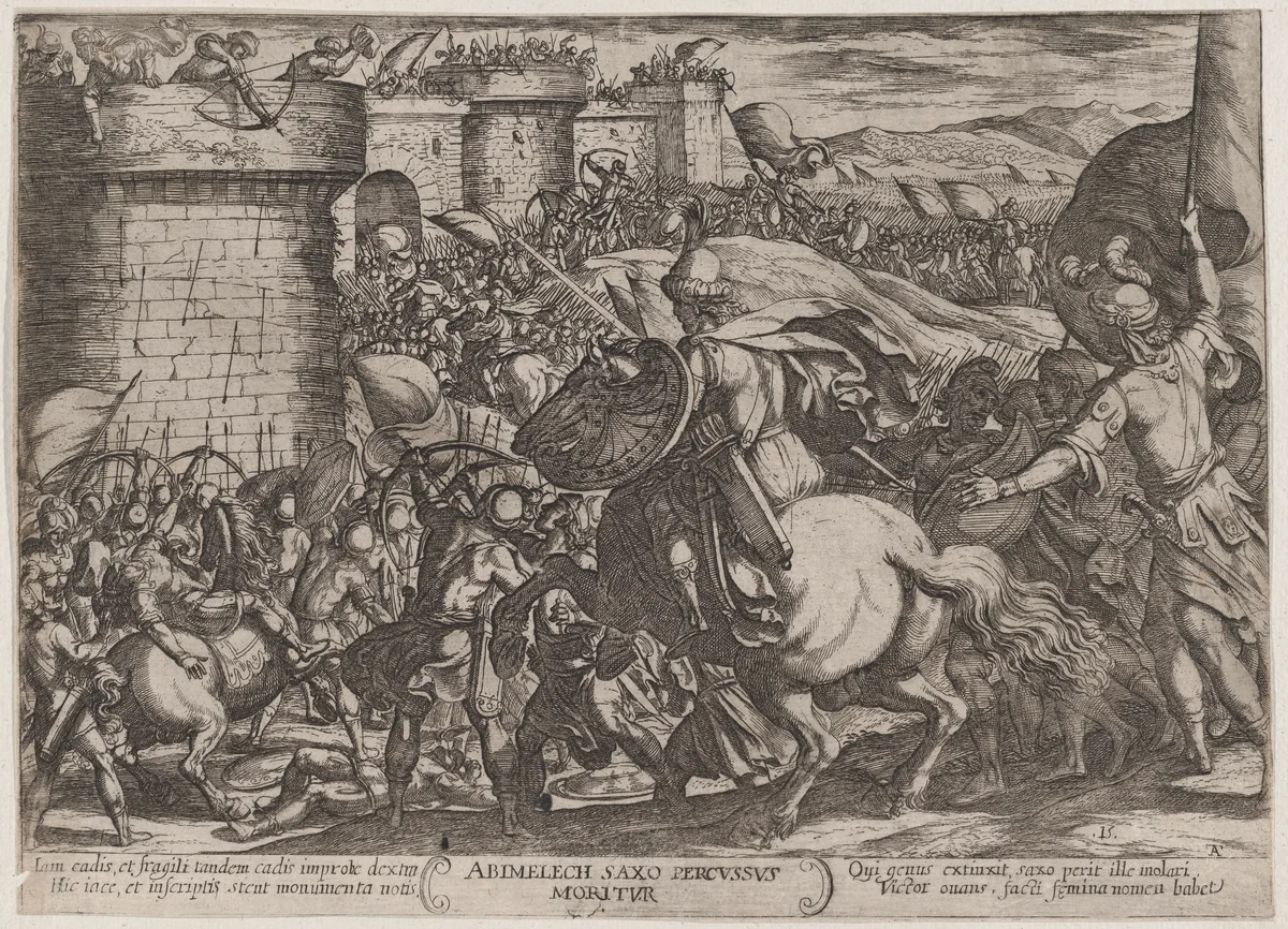 Plate 15: The Death of Abimelech, from "The Battles of the Old Testament" by Antonio Tempesta, print, 1585-1615
