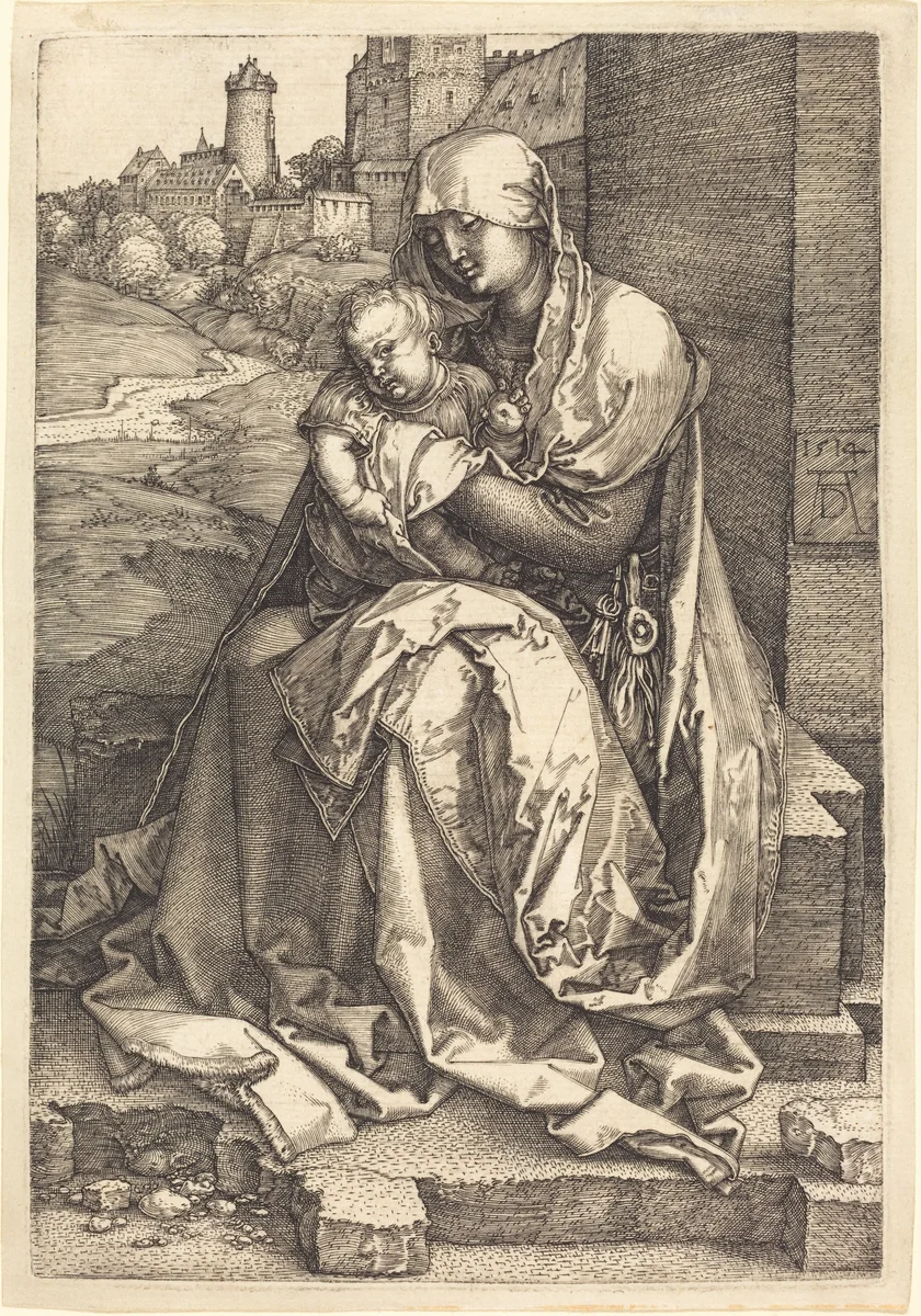 The Virgin and Child Seated by the Wall by Albrecht Dürer, print, 1514