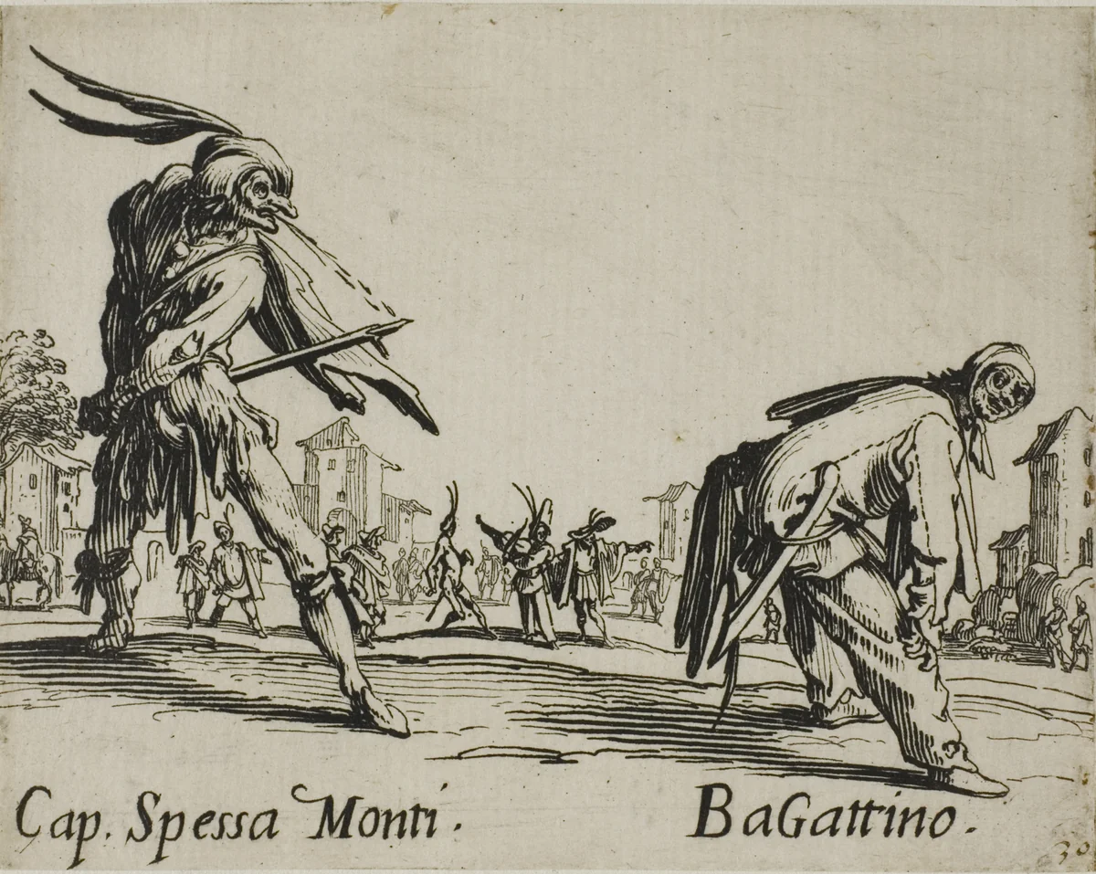 Capitan Spessa Monti - Begattino, plate 10 from Balli di Sfessania by Jacques Callot, print, 1617-1627