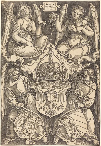Coat of Arms of the German Empire and Nuremberg City by Albrecht Dürer, print, 1521