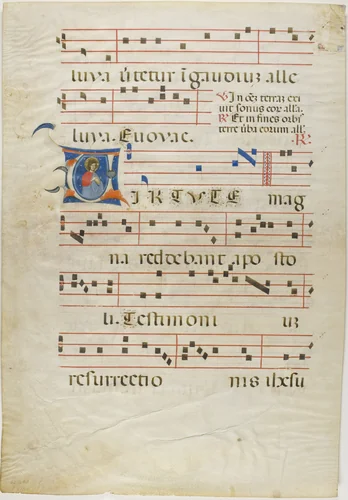 Martyr Saint in a Historiated Initial "V" from an Antiphonary by Neri da Rimini, painting, 1310-1315