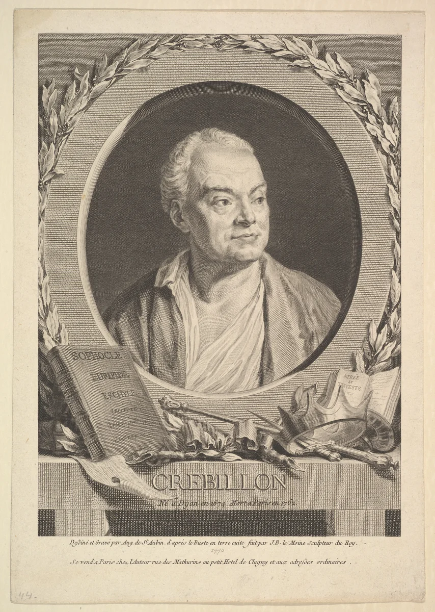Portrait of Crébillon by Augustin de Saint-Aubin, print, 1770
