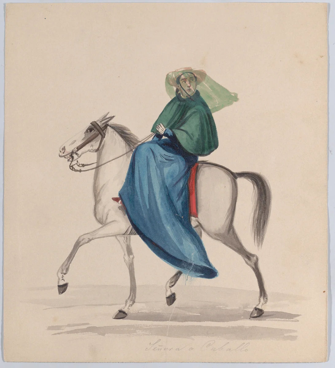 An elegantly dressed woman on horseback, from a group of drawings depicting Peruvian dress by Francisco Fierro, drawing, 1843-1853