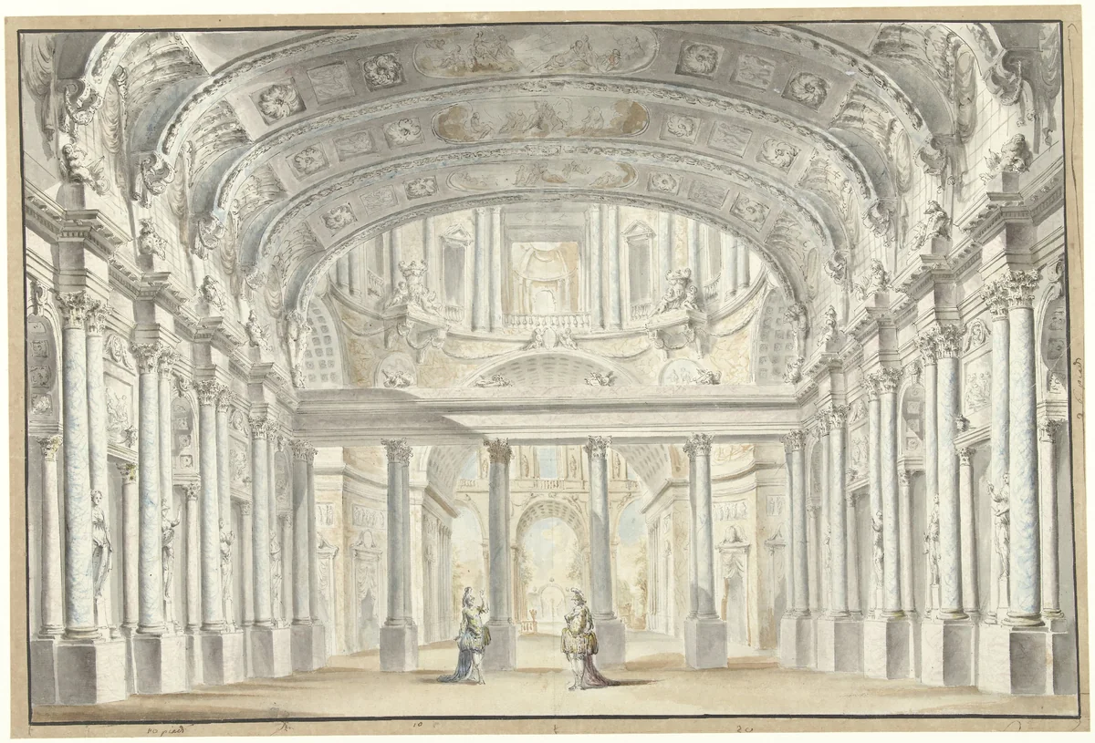 De Hofzaal, toneeldecor by Georges François Blondel, drawing, 1763