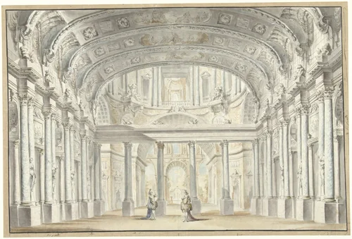 De Hofzaal, toneeldecor by Georges François Blondel, drawing, 1763
