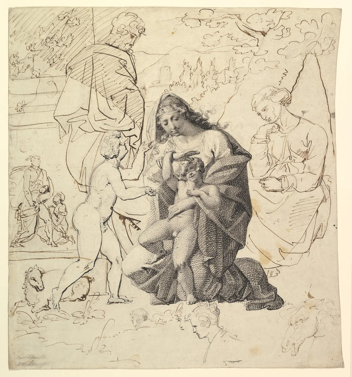 The Holy Family with Saint Anne and Saint John in a classical landscape; verso: The Holy Family with Saint Anne and Saint John by Karl Agricola, drawing, 1790-1852