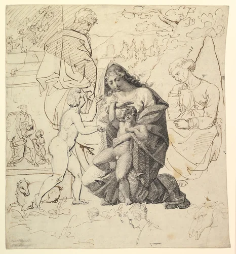 The Holy Family with Saint Anne and Saint John in a classical landscape; verso: The Holy Family with Saint Anne and Saint John by Karl Agricola, drawing, 1790-1852