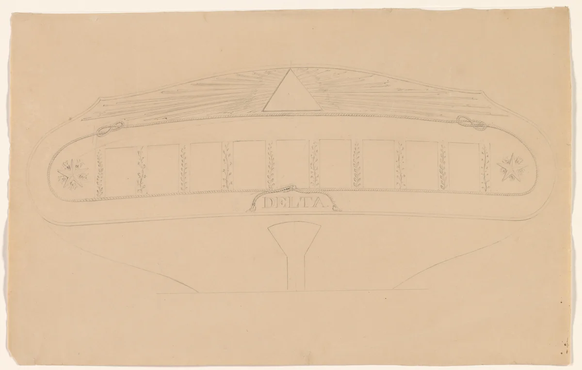Ontwerp voor de decoratie van de spiegel van het fregat Broedertrouw by A.J. Schouten, drawing, 1837