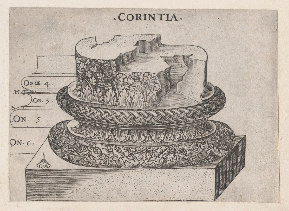Corinthian base, from "Speculum Romanae Magnificentiae" by Monogrammist G.A. with the Caltrop, print, 1534-1540