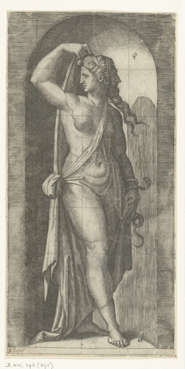 Vrouw als personificatie van Voorzichtigheid (Prudentia) met slang en masker by Unknown, print, 1510-1527