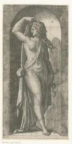 Vrouw als personificatie van Voorzichtigheid (Prudentia) met slang en masker by Unknown, print, 1510-1527