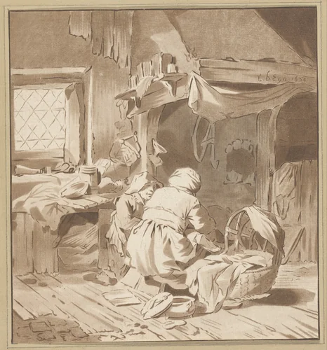 Boereninterieur met twee vrouwen by Cornelis Ploos van Amstel, print, 1772-1787