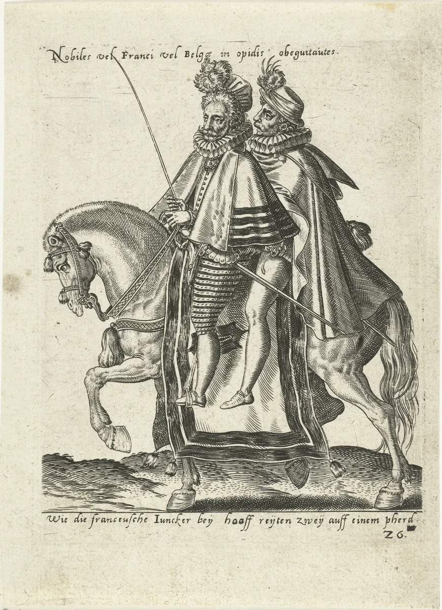 Twee Franse jonkers op een paard by Unknown, print, 1577