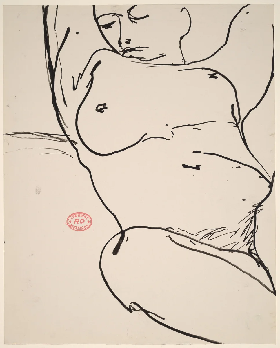Untitled [head and torso view of a reclining nude raising her arms] by Richard Diebenkorn, drawing, 1955-1967