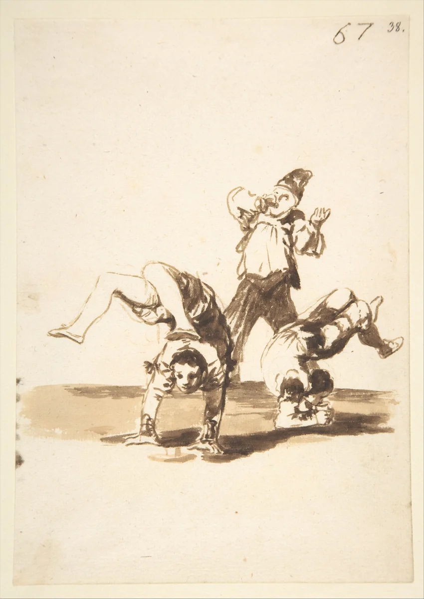 Three acrobats; page 67 from the "Images of Spain" Album (F) by Goya, drawing, 1807-1825