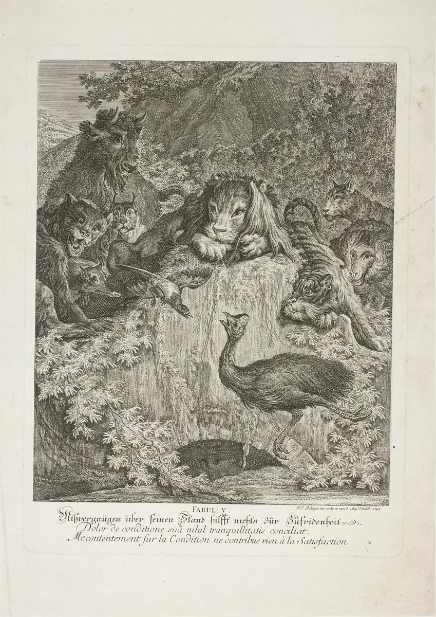 Fable V, plate five from Lehrreiche Fabeln aus dem Reiche der Theire by Johann Elias Ridinger, print, 1743