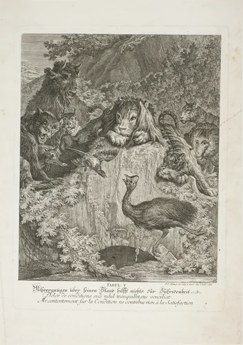 Fable V, plate five from Lehrreiche Fabeln aus dem Reiche der Theire by Johann Elias Ridinger, print, 1743