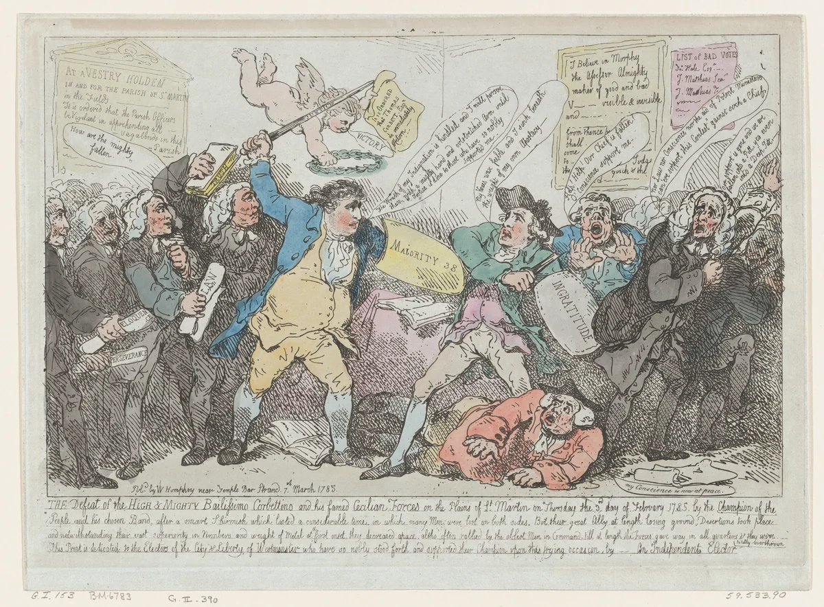 The Defeat of the High & Mighty Bailissimo Corbettino... by Thomas Rowlandson, print, 1785