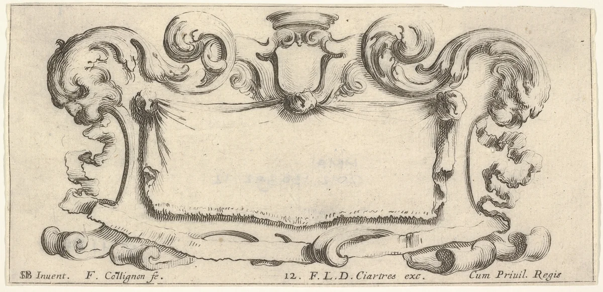 Plate 12: a cartouche with an empty escutcheon at top center, a head of a lion in profile to either side, from "Twelve cartouches" (Recueil de douze cartouches) by François Collignon, print, 1640-1645