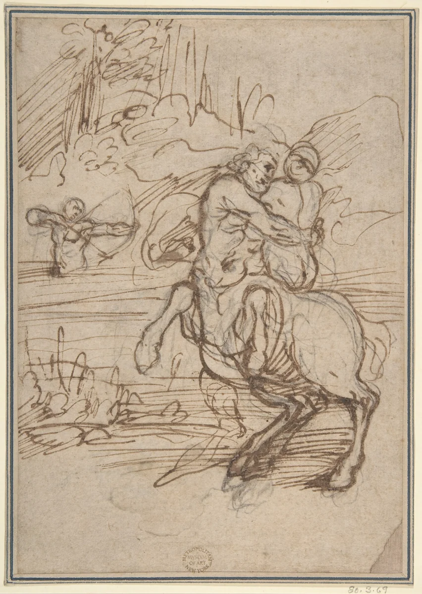 Hercules, Nessus the Centaur, and Deianeira, from "The Labors of Hercules" by anonymous, drawing, 1600-1700