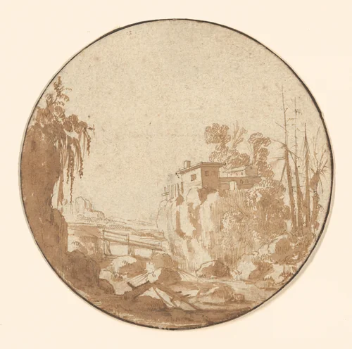 Rocky Landscape With a Bridge and a House by Charles Cornelisz. de Hooch, drawing, 1620-1638