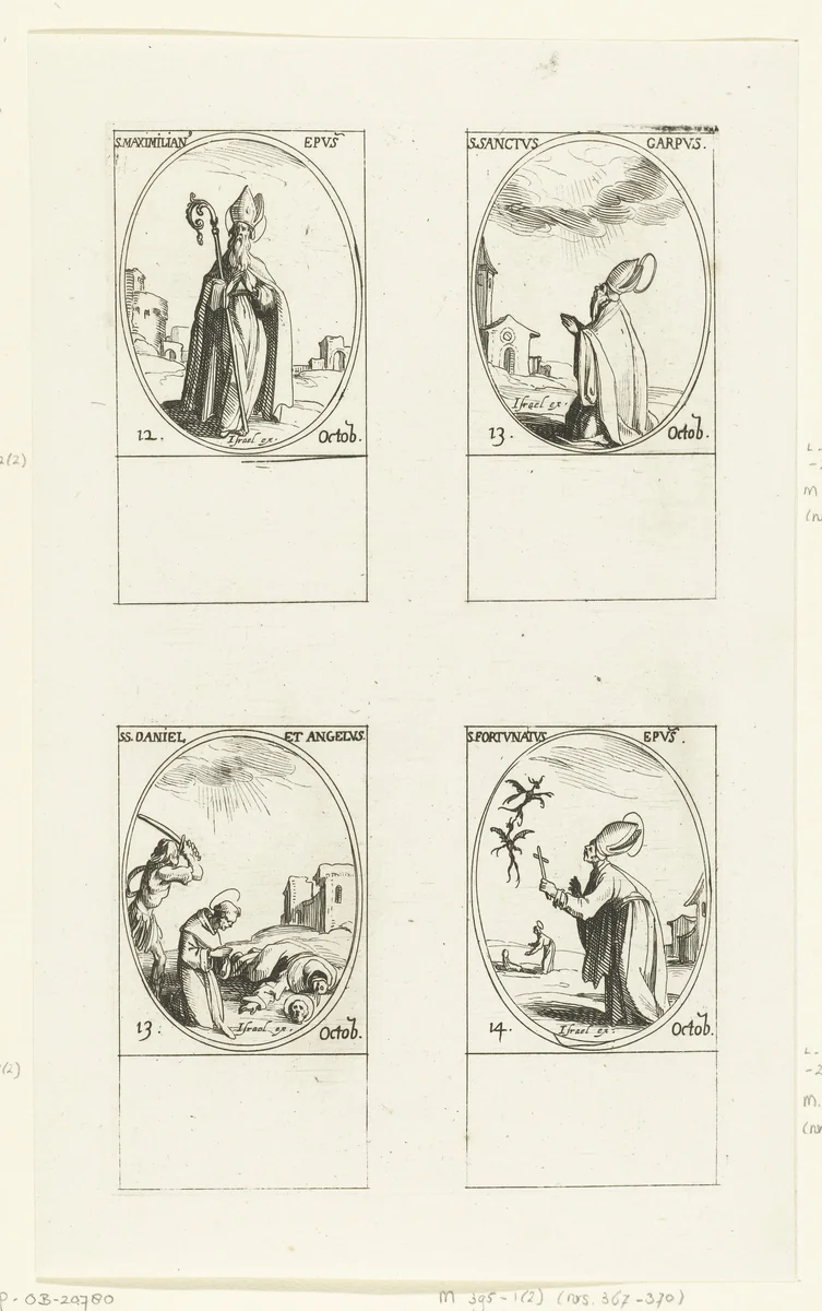 Heilige Maximilianus van Pongau, Heilige Garpus, Heilige Daniël en Heilige Angelus, Heilige Fortunatus van Todi (12-14 oktober) by Jacques Callot, print, 1632-1636