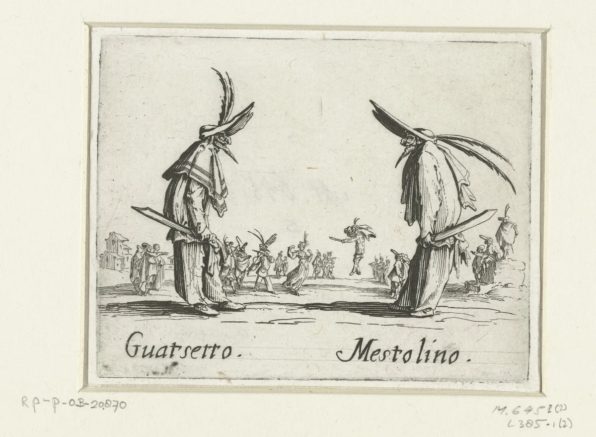 Twee straatartiesten als Guatsetto en Mestolino by Jacques Callot, print, 1621-1622