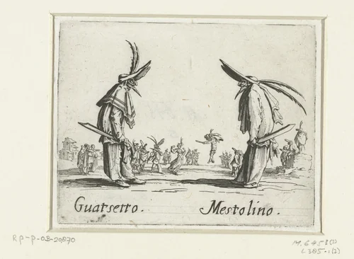 Twee straatartiesten als Guatsetto en Mestolino by Jacques Callot, print, 1621-1622