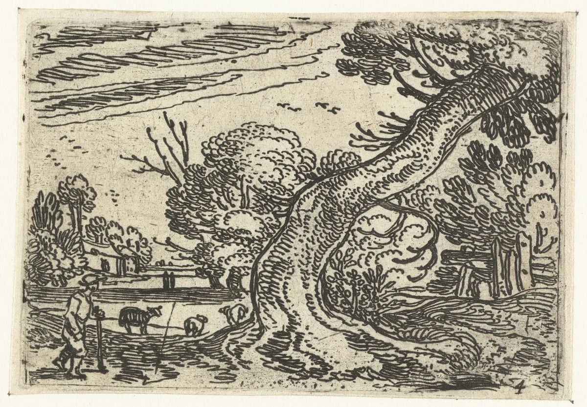 Herder bij een schuin overhangende boom by Esaias van de Velde, print, 1613