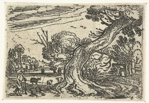 Herder bij een schuin overhangende boom by Esaias van de Velde, print, 1613