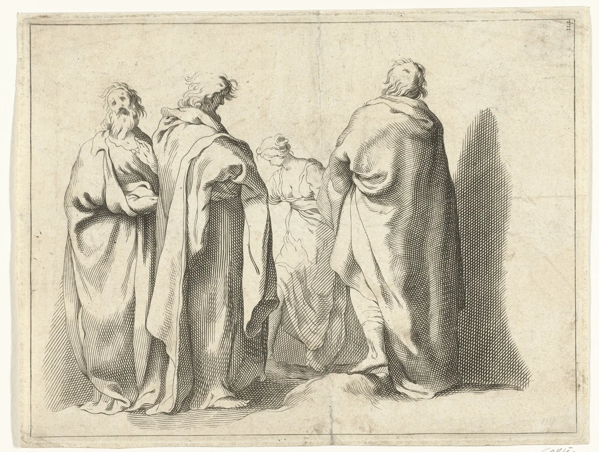 Drie mannen en een vrouw by anonymous, print, 1679-1750