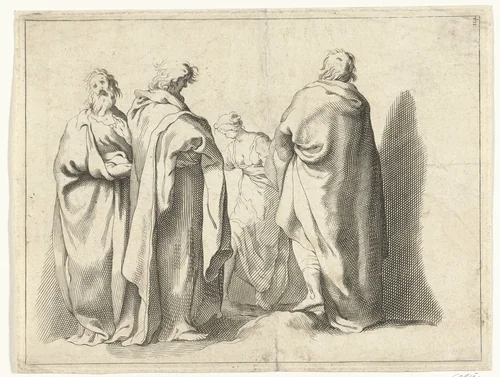 Drie mannen en een vrouw by anonymous, print, 1679-1750