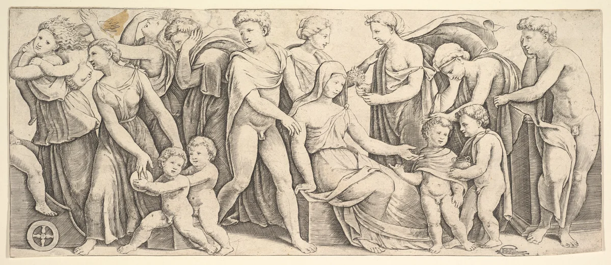 The wedding of Jason and Creusa, at left Medea takes her children by Master of the Die, print, 1530-1560