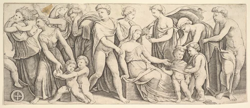 The wedding of Jason and Creusa, at left Medea takes her children by Master of the Die, print, 1530-1560