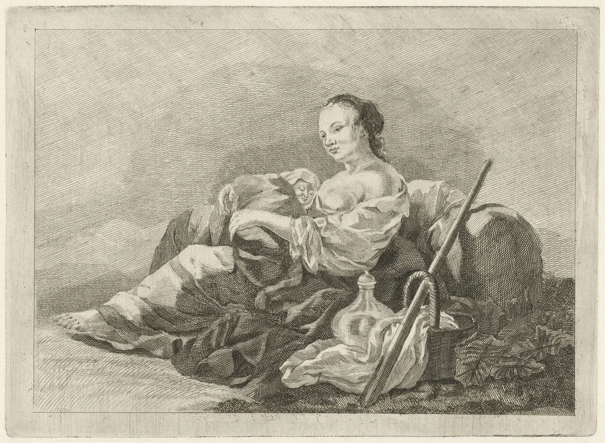 Herderin met kind by Pieter de Mare, print, 1768-1796
