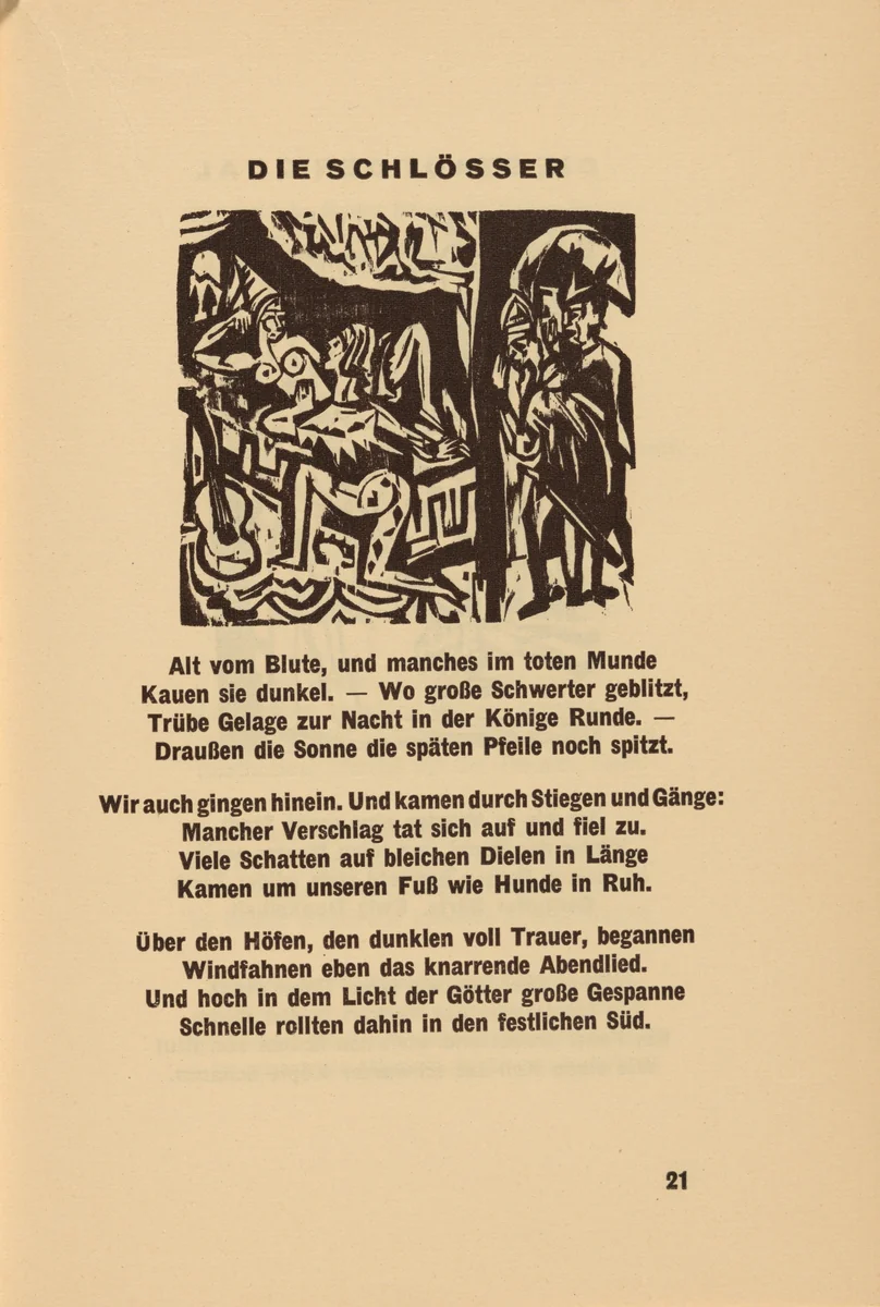 Die Schlösser (The Castles) (headpiece, page 21) from Georg Heym: Umbra Vitae (Georg Heym: The Shadow of Life) by Ernst Ludwig Kirchner, volume, 1924