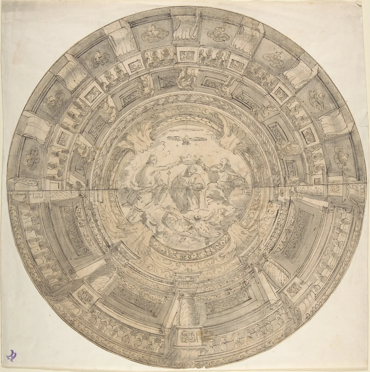 Trompe L'Oeil Ceiling with the Coronation of the Virgin and a Variant for the Decoration by anonymous, drawing, 1600-1699