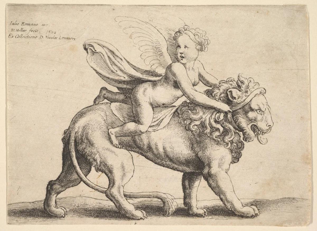 Cupid on a lion by Wenceslaus Hollar, print, 1652