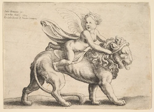Cupid on a lion by Wenceslaus Hollar, print, 1652