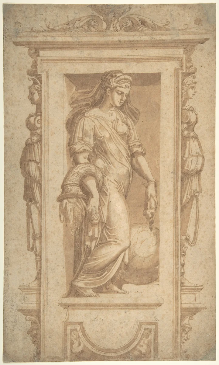 Female Allegorical Figure of Benignitas (Goodness), with Attributes of Abundance Standing in a Niche (recto); Architectural Sketches (verso) by Giorgio Vasari, drawing, 1546-1570