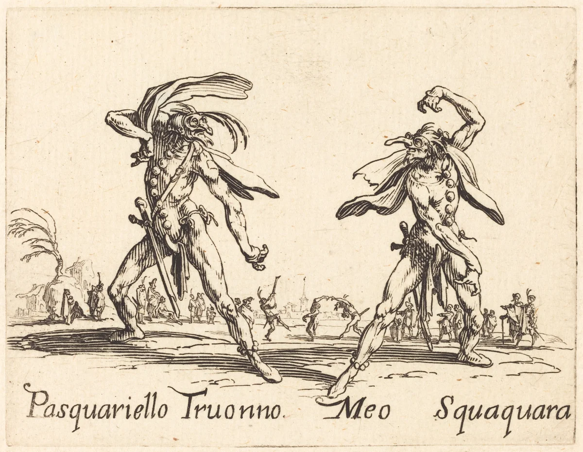 Pasquariello Truonno and Meo Squaquara by Jacques Callot, print, 1622