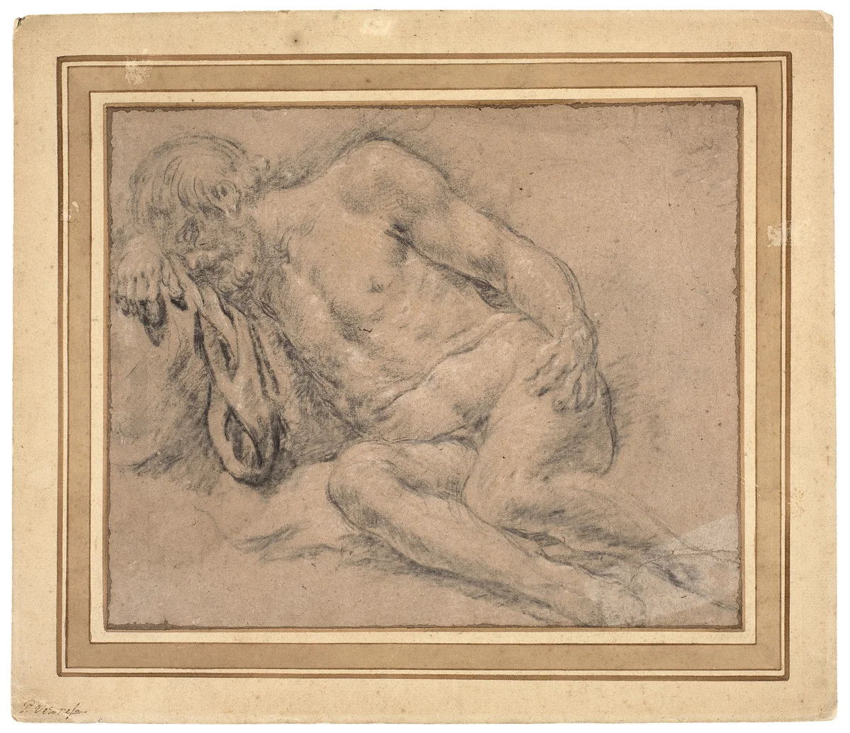 Sleeping Male Nude, perhaps for the Drunkenness of Noah by Paris Bordone, drawing, 1550