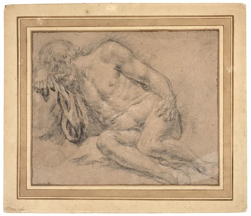 Sleeping Male Nude, perhaps for the Drunkenness of Noah by Paris Bordone, drawing, 1550
