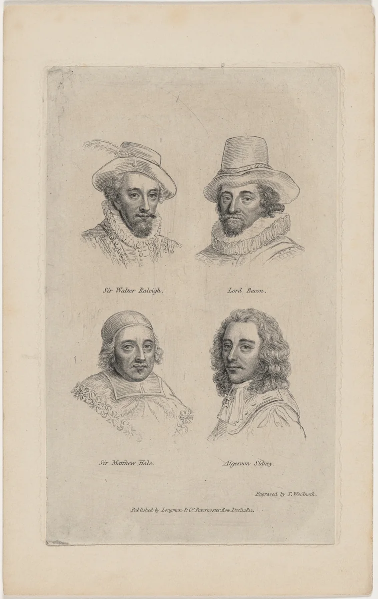 Portraits of Sir Walter Raleigh, Lord Bacon, Algernon Sidney, and Sir Matthew Hale by Thomas Woolnoth, print, 1785-1857