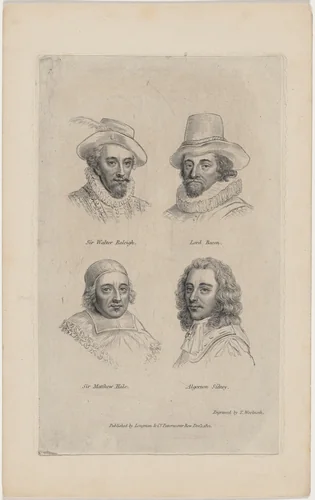 Portraits of Sir Walter Raleigh, Lord Bacon, Algernon Sidney, and Sir Matthew Hale by Thomas Woolnoth, print, 1785-1857