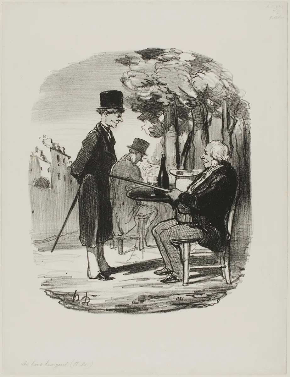 "- You are not having your bottle of beer with us this evening... I can tell you are having a private dinner party today, you scoundrel...," plate 81 from Les Bons Bourgeois by Honoré-Victorin Daumier, print, 1849